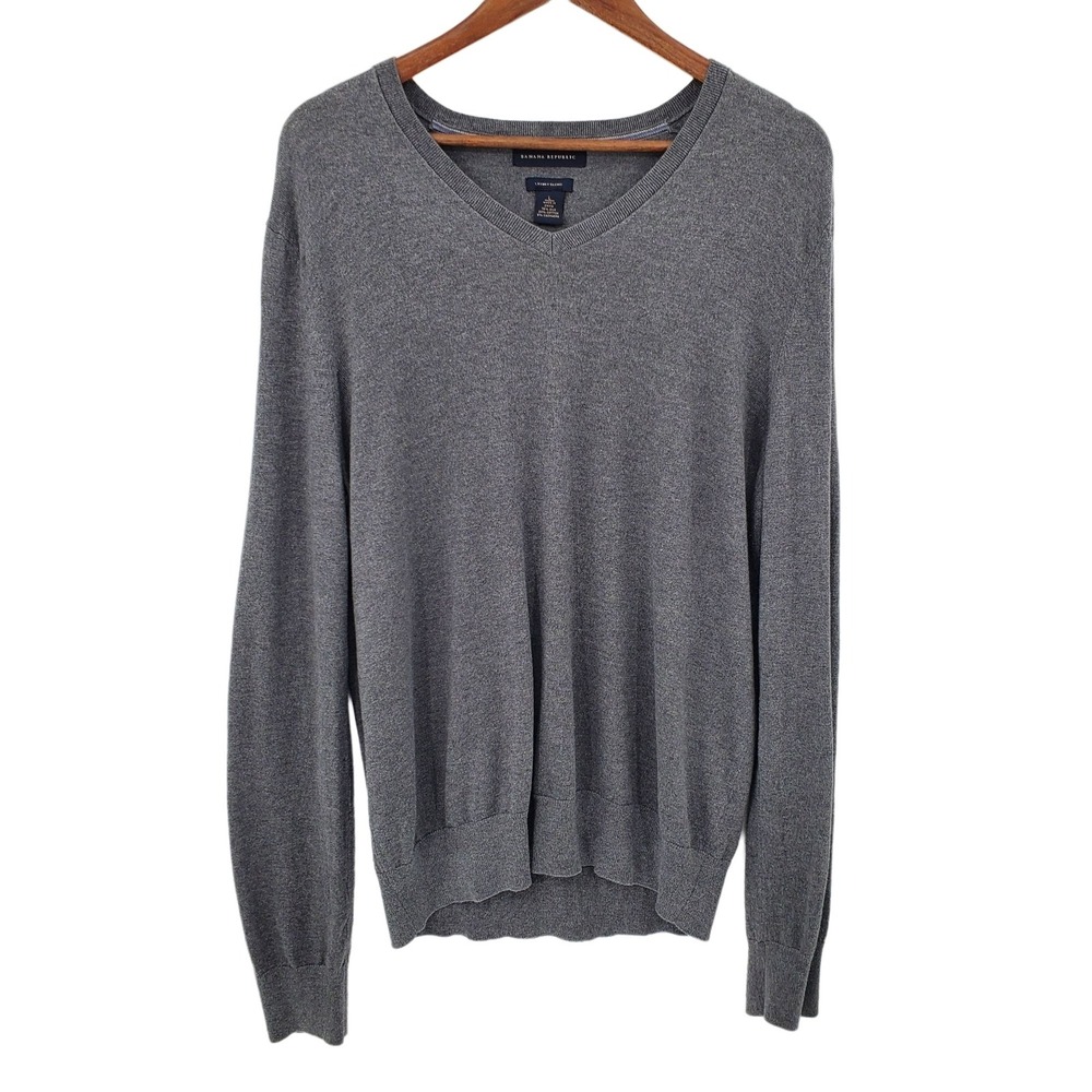 Banana Republic Mens L Gray V-Neck Sweater Silk Cotton Cashmere Blend Preppy
